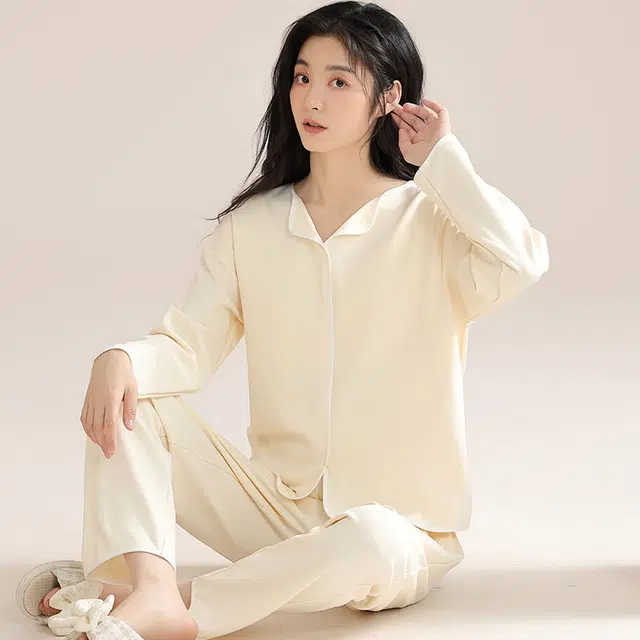欧迪芬 纯色翻领纯棉长袖长裤睡衣套装 女款 白色