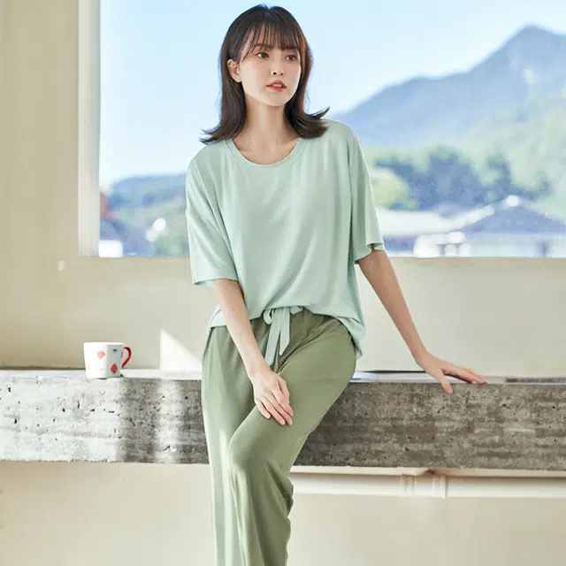 欧迪芬 舒适凉感短袖亲肤休闲长裤睡衣套装 女款 碧绿色