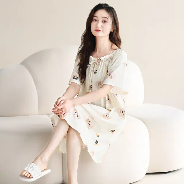欧迪芬 透气短袖柔软舒适休闲卡通可爱睡裙 女款 白色