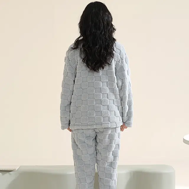 欧迪芬 纯色开衫柔软保暖舒适简约睡衣套装 女款 蓝色