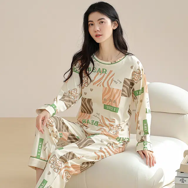 欧迪芬 舒适透气休闲圆领长袖套头松紧腰长裤睡衣套装 女款 白色