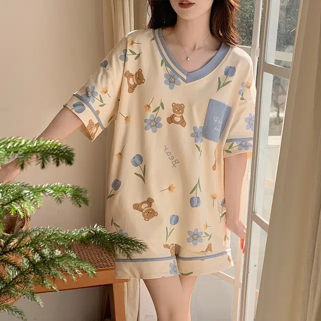 欧迪芬 自带胸垫宽松可外穿可爱甜美宽松短袖短裤家居服睡衣套装 女款