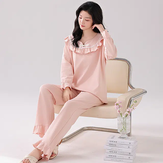 欧迪芬 舒适简约甜美长袖上衣家居服长裤睡衣套装 女款