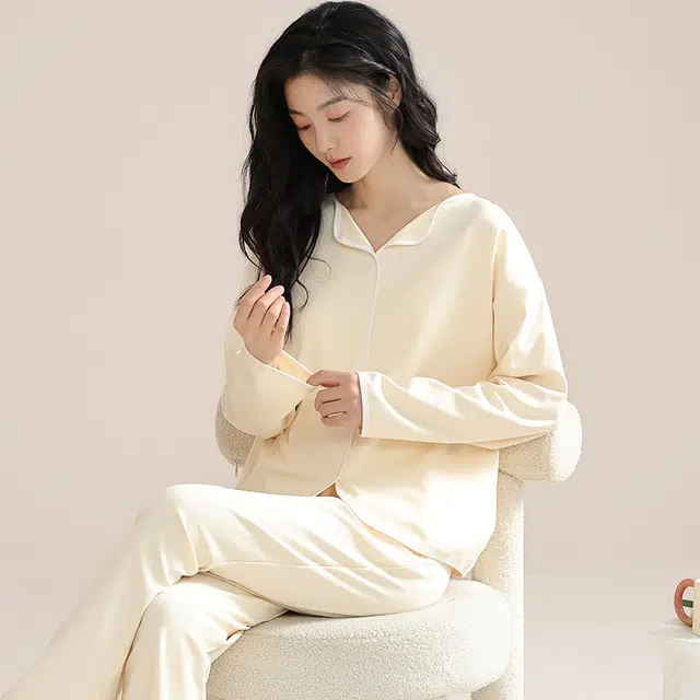 欧迪芬 纯色翻领纯棉长袖长裤睡衣套装 女款 白色