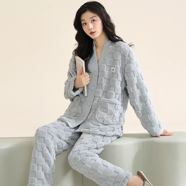 欧迪芬 纯色开衫柔软保暖舒适简约睡衣套装 女款 蓝色