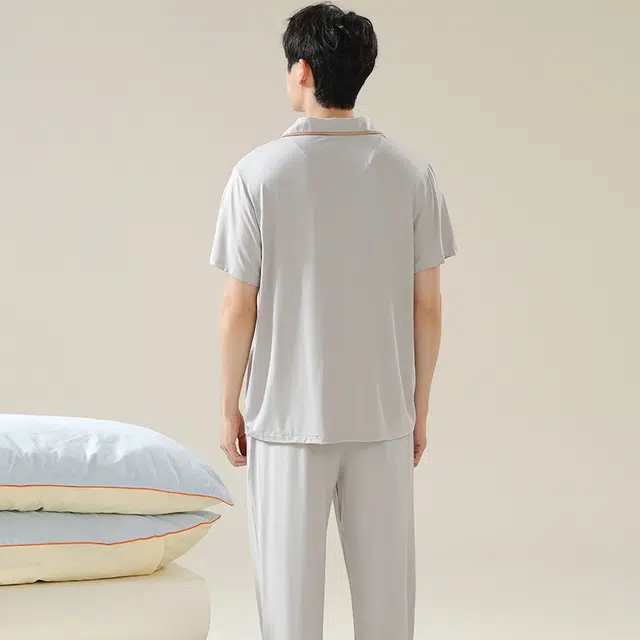 欧迪芬 凉感透气舒适亲肤短袖纯色休闲长裤睡衣套装 男款 白色