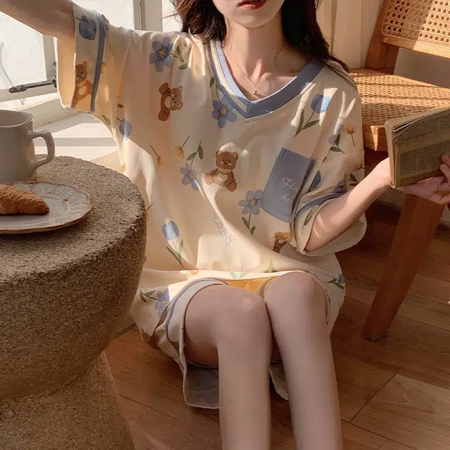 欧迪芬 自带胸垫宽松可外穿可爱甜美宽松短袖短裤家居服睡衣套装 女款