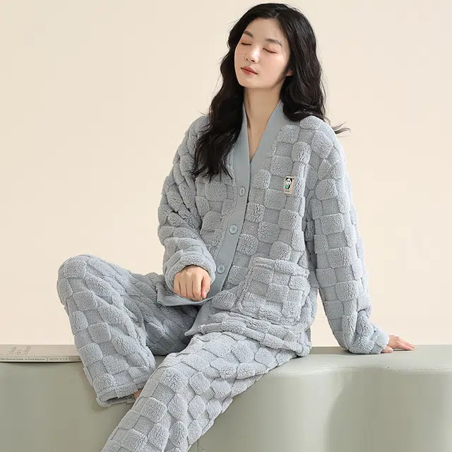欧迪芬 纯色开衫柔软保暖舒适简约睡衣套装 女款 蓝色