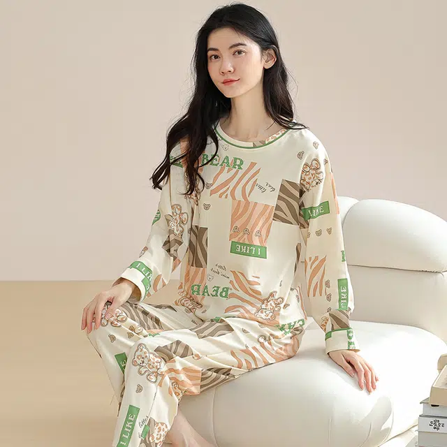 欧迪芬 舒适透气休闲圆领长袖套头松紧腰长裤睡衣套装 女款 白色
