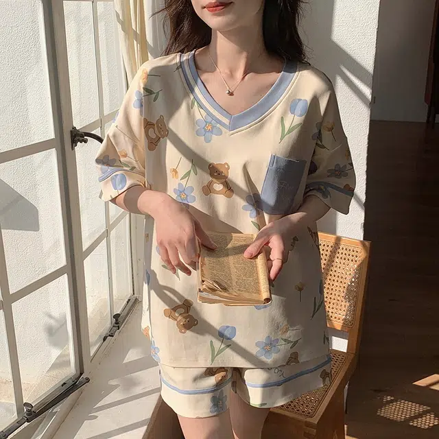 欧迪芬 自带胸垫宽松可外穿可爱甜美宽松短袖短裤家居服睡衣套装 女款