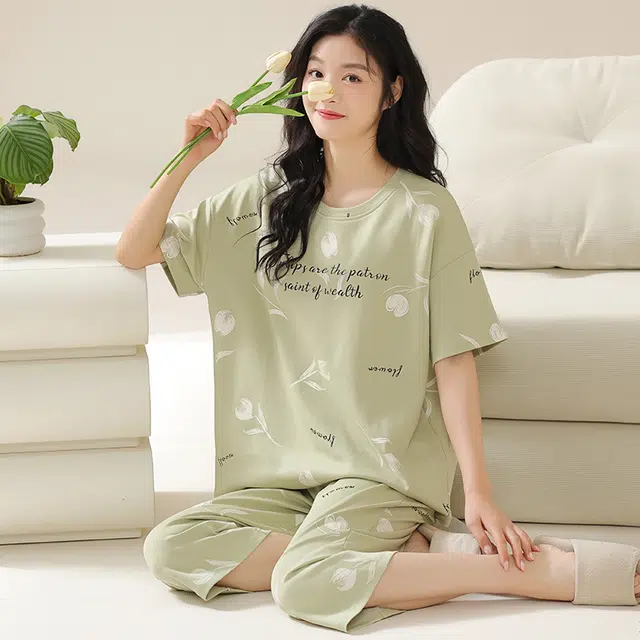 欧迪芬 纯棉圆领自带胸垫短袖松紧腰长裤睡衣套装 女款 绿色