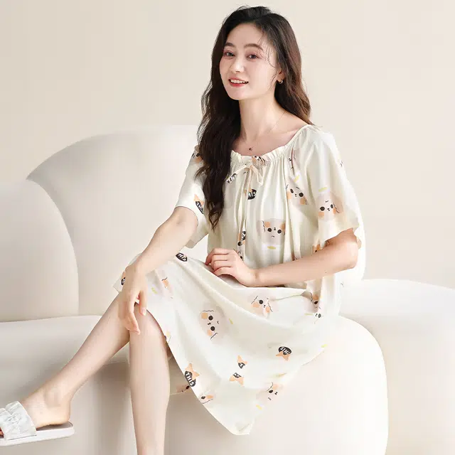 欧迪芬 透气短袖柔软舒适休闲卡通可爱睡裙 女款 白色