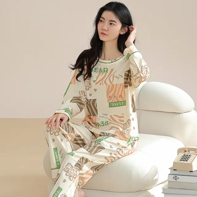 欧迪芬 舒适透气休闲圆领长袖套头松紧腰长裤睡衣套装 女款 白色