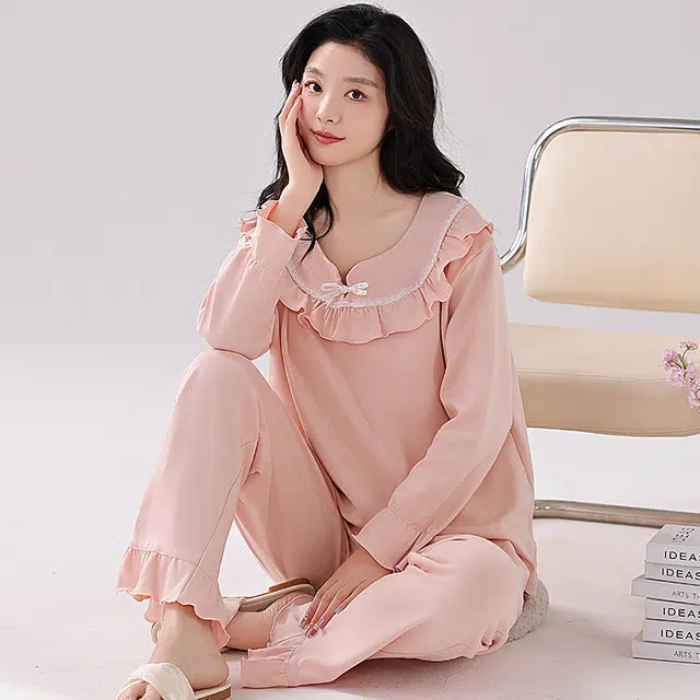 欧迪芬 舒适简约甜美长袖上衣家居服长裤睡衣套装 女款