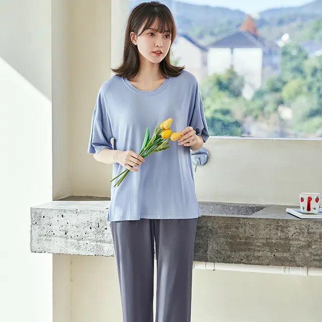 欧迪芬 青春活力甜美短袖亲肤舒适七分裤睡衣套装 女款 蓝色