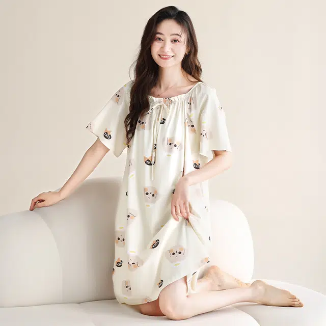 欧迪芬 透气短袖柔软舒适休闲卡通可爱睡裙 女款 白色