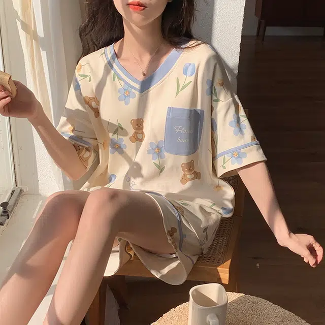 欧迪芬 自带胸垫宽松可外穿可爱甜美宽松短袖短裤家居服睡衣套装 女款