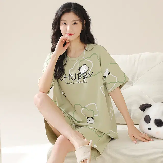 欧迪芬 舒适亲肤短袖甜美透气短裤睡衣套装 女款 绿色