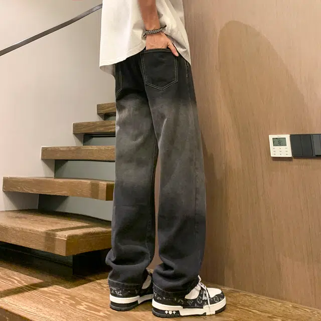 雅鹿 宽松渐变系带垂感百搭休闲水洗耐磨直筒牛仔裤 男款