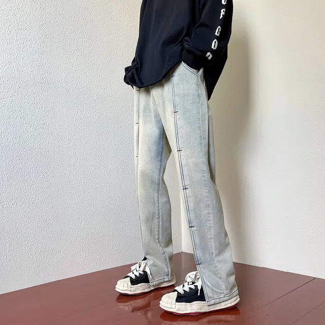 雅鹿 水洗做旧拼接开叉个性高街宽松直筒百搭休闲牛仔裤 男女同款