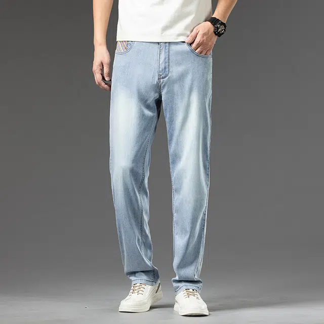 雅鹿 宽松直筒休闲百搭水洗耐磨高街美式牛仔裤 男款 冰丝蓝