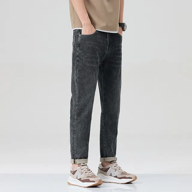雅鹿 宽松小直筒水洗耐磨百搭时尚港风牛仔裤 男款 黑灰