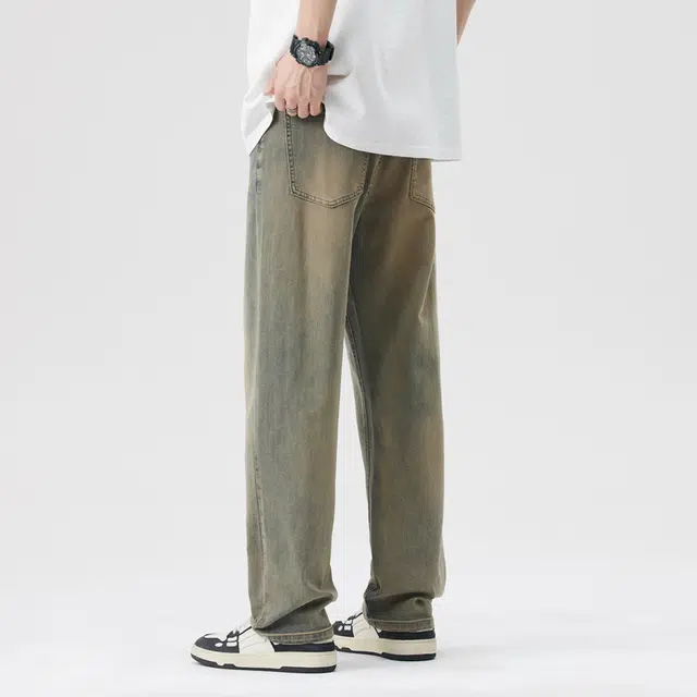 雅鹿 宽松直筒百搭牌中腰水洗耐磨复古做旧牛仔裤 男款 黄泥