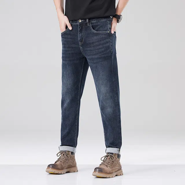雅鹿 复古休闲直筒修身水洗做旧牛仔裤 男款 蓝灰