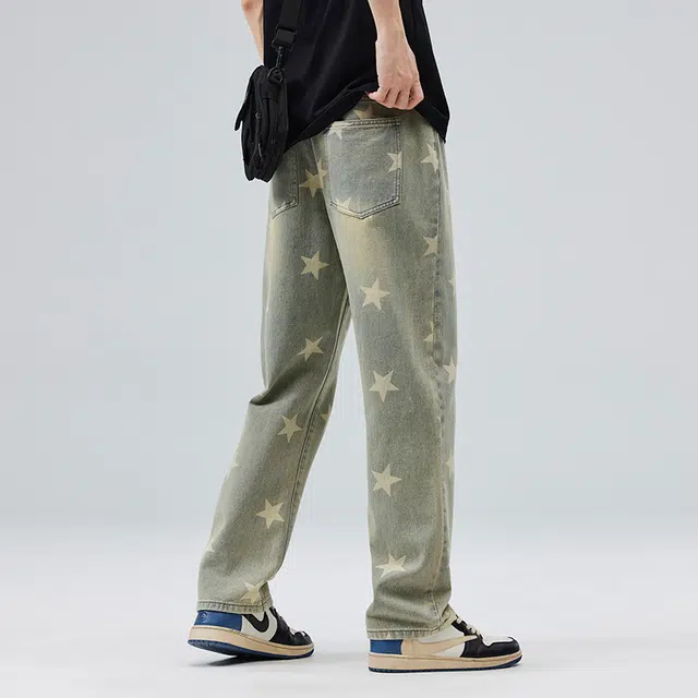 雅鹿 黄泥星星宽松阔腿百搭直筒系带中腰水洗耐磨潮牌牛仔裤 男款 泥黄
