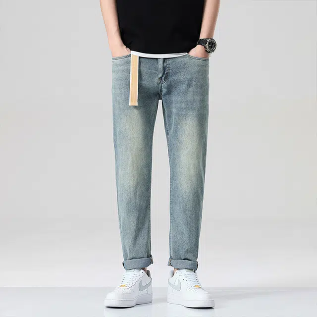 雅鹿 宽松直筒水洗做旧弹力休闲百搭牛仔裤 男款 蓝色