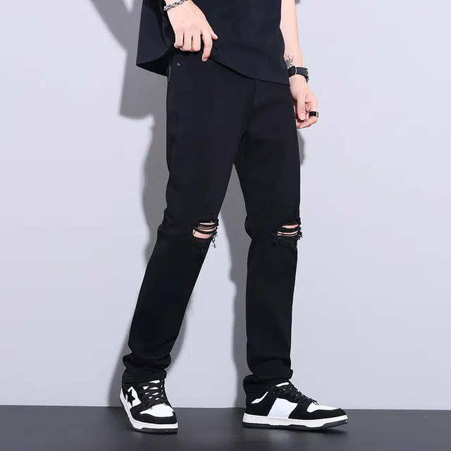 雅鹿 美式破洞直筒修身垂感薄款百搭牛仔裤 男款 黑色