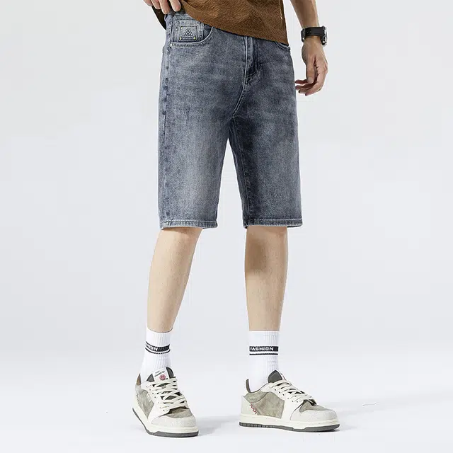 雅鹿 高街美式宽松水洗耐磨休闲五分裤牛仔短裤 男款 蓝色