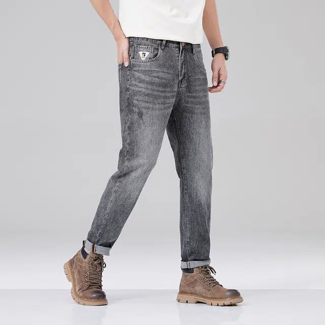 雅鹿 复古水洗直筒修身锥形弹力牛仔裤 男款 烟灰