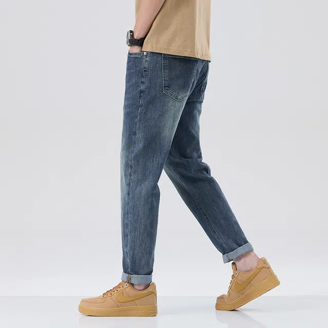 雅鹿 宽松休闲锥形九分中腰牛仔裤 男款 蓝色