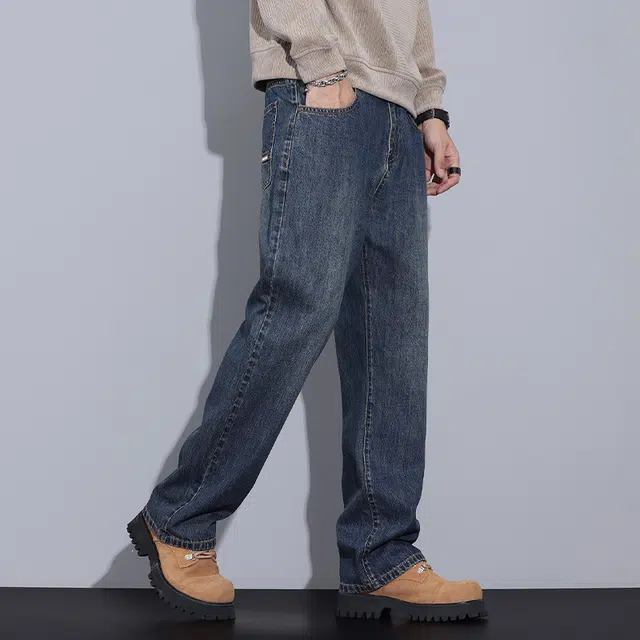雅鹿 复古阔腿百搭宽松水洗休闲中腰耐磨牛仔裤 男款 深海蓝