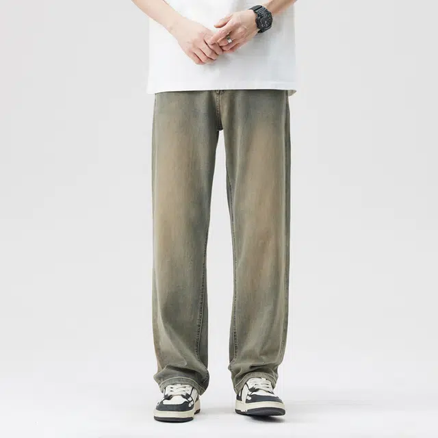 雅鹿 宽松直筒百搭牌中腰水洗耐磨复古做旧牛仔裤 男款 黄泥