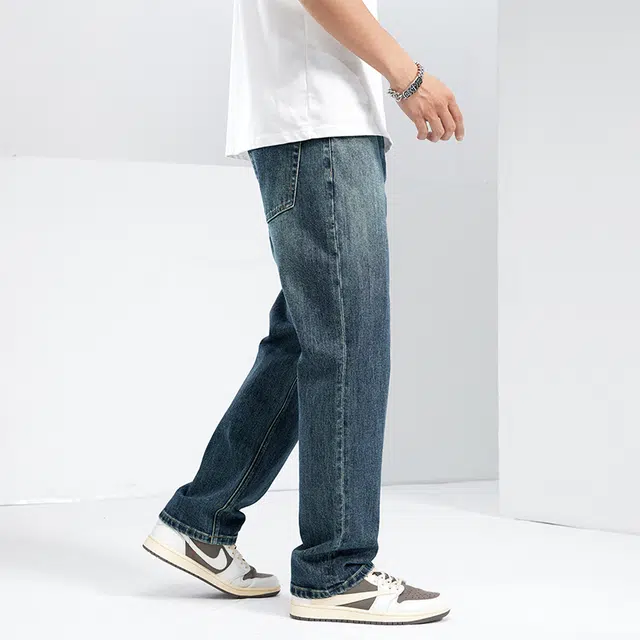 雅鹿 直筒百搭美式高街水洗做旧宽松牛仔裤 男款 蓝色