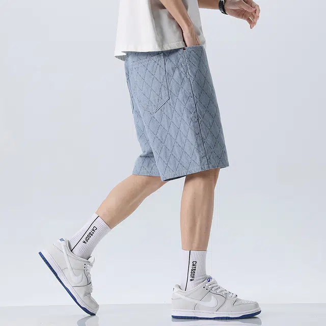 雅鹿 直筒印花纯色五分裤时尚潮牌宽松阔腿美式复古休闲牛仔短裤 男款 蓝色