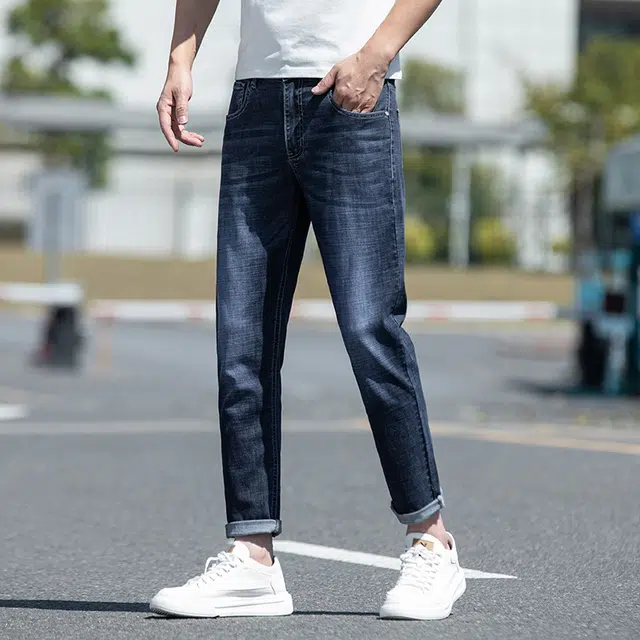 雅鹿 高街美式直筒修身中腰水洗耐磨牛仔裤 男款 深蓝灰