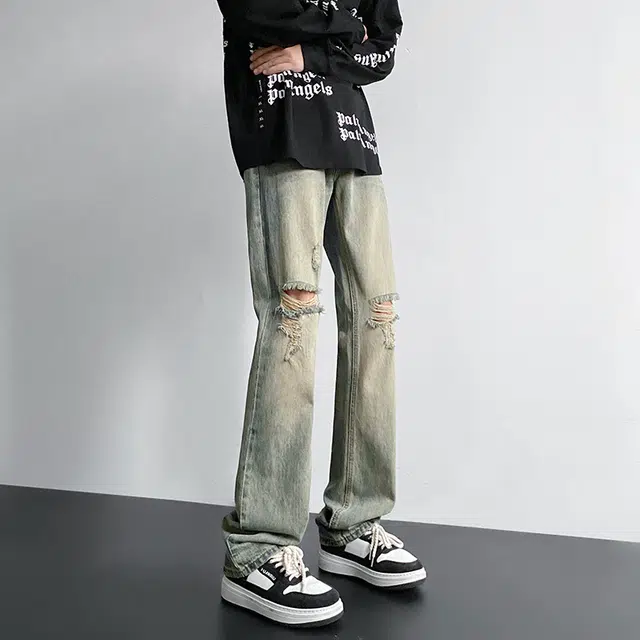 雅鹿 高街美式复古潮牌破洞直筒宽松水洗耐磨中腰牛仔裤 男款 黄泥