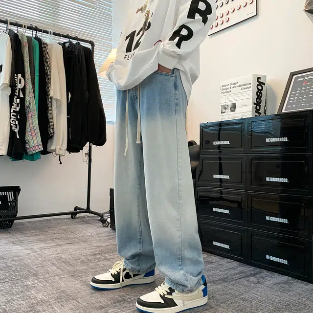 雅鹿 渐变复古美式高街宽松休闲百搭阔腿牛仔裤 男女同款