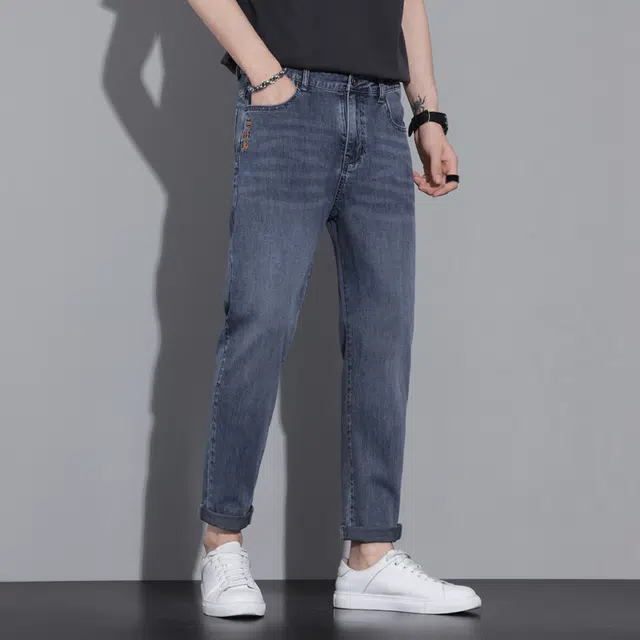 雅鹿 潮牌百搭休闲中腰潮牌直筒牛仔裤 男款 蓝色