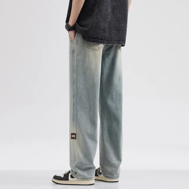 雅鹿 复古水洗做旧直筒休闲百搭宽松抽绳牛仔裤 男款 浅黄泥
