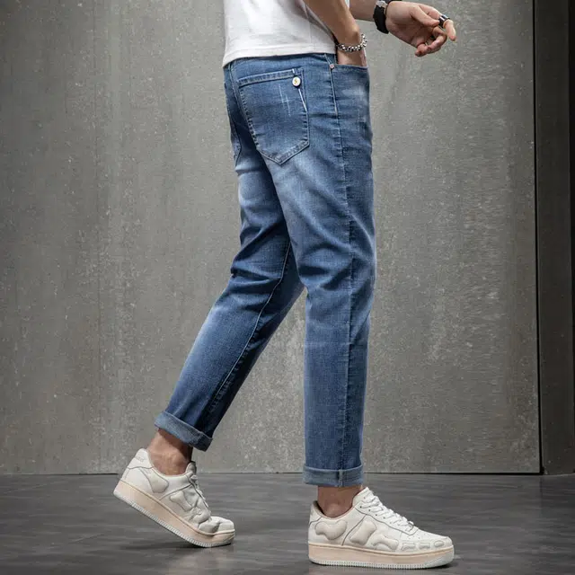 雅鹿 弹力修身直筒哈伦水洗做旧九分牛仔裤 男款 蓝色