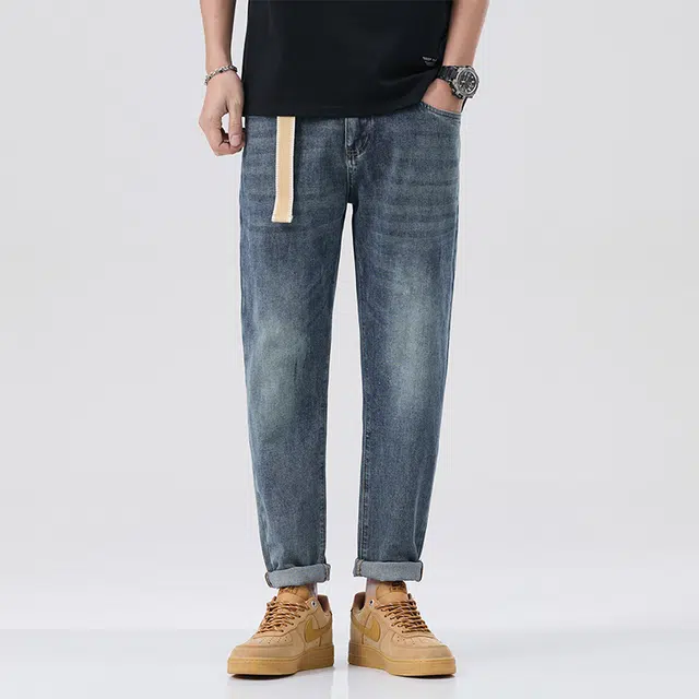 雅鹿 美式复古休闲宽松直筒牛仔裤 男款 蓝色