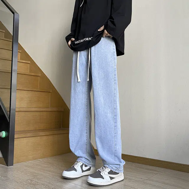 雅鹿 复古直筒系带松紧腰水洗宽松休闲百搭牛仔裤 男款
