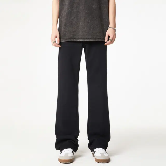 雅鹿 纯色拉链时尚百搭宽松阔腿微喇复古耐磨牛仔裤 男女同款