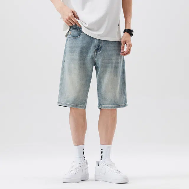 雅鹿 高街美式潮牌宽松休闲百搭牛仔短裤 男款 蓝色