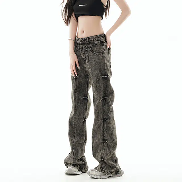 雅鹿 微喇潮牌做旧百搭休闲宽松阔腿水洗耐磨高腰牛仔裤 男女同款