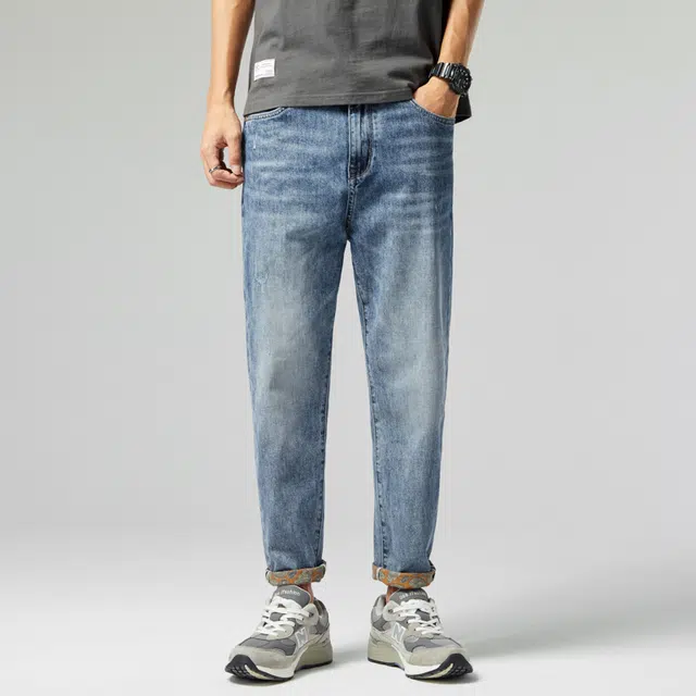 雅鹿 水洗做旧简约穿搭美式宽松直筒裤潮牌休闲长裤牛仔裤 男款 蓝色